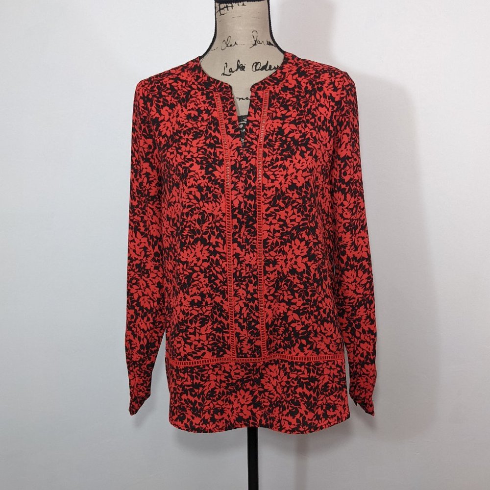 MICHAEL KORS Women's Red Black Leaf Graphic Print Blouse Top V-neck Size S